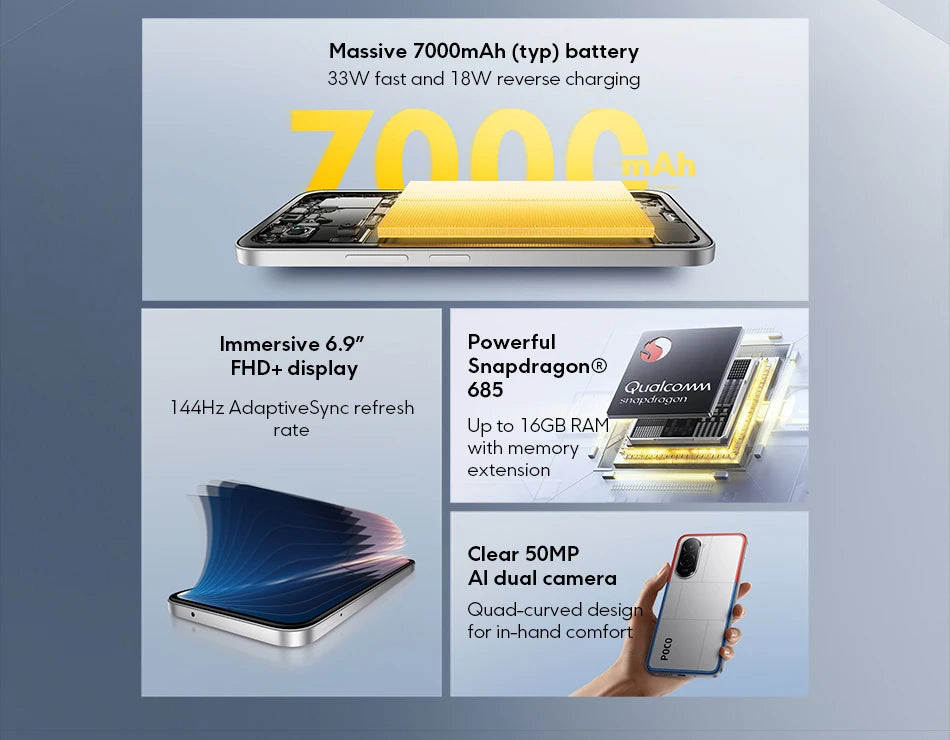 【World Premiere】POCO M7 Global Version Smartphone Snapdragon 685 7000mAh battery Immersive 6.9" FHD+ Display NFC 33W Charging