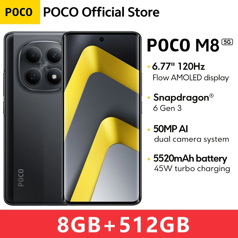 POCO M8 5G Global Version Smartphone 256GB 512GB Snapdragon® 6 Gen 3 NFC 6.77" 120Hz Display 50MP Main Camera 45W Charging