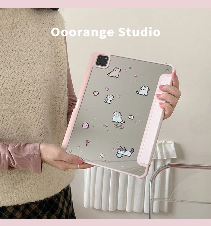 Korean Kawaii Cat Gradient Love Mirror Cover For iPad Pro 13 11th M5 M4 12.9 A16 10 8 7 9th 10th Air 11 M2 M3 Mini Tablet Case