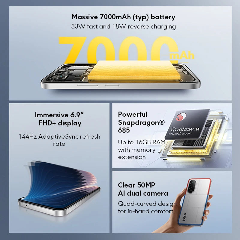 【World Premiere】POCO M7 Global Version Smartphone Snapdragon 685 7000mAh battery Immersive 6.9" FHD+ Display NFC 33W Charging