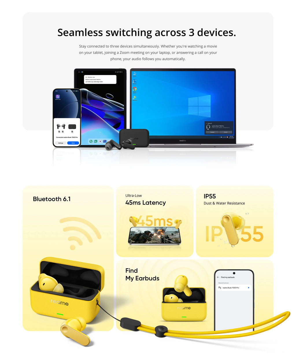 realme Buds T500 Pro TWS Earphones 50dB Noise Cancellation Up to 56 Hours of Playback Bluetooth 6.1 IP55 12.4mm Bass Driver