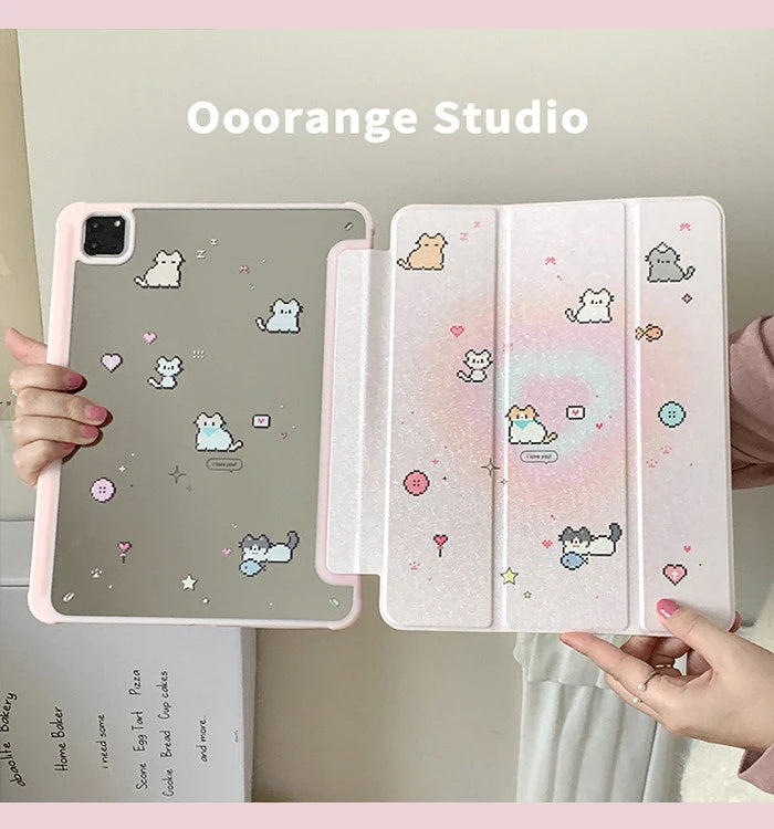 Korean Kawaii Cat Gradient Love Mirror Cover For iPad Pro 13 11th M5 M4 12.9 A16 10 8 7 9th 10th Air 11 M2 M3 Mini Tablet Case