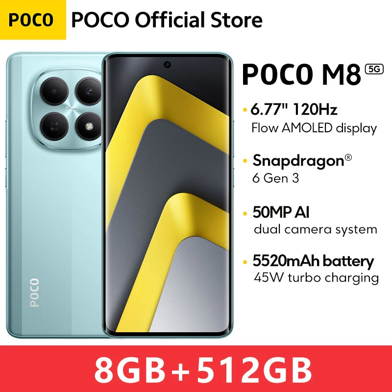 POCO M8 5G Global Version Smartphone 256GB 512GB Snapdragon® 6 Gen 3 NFC 6.77" 120Hz Display 50MP Main Camera 45W Charging