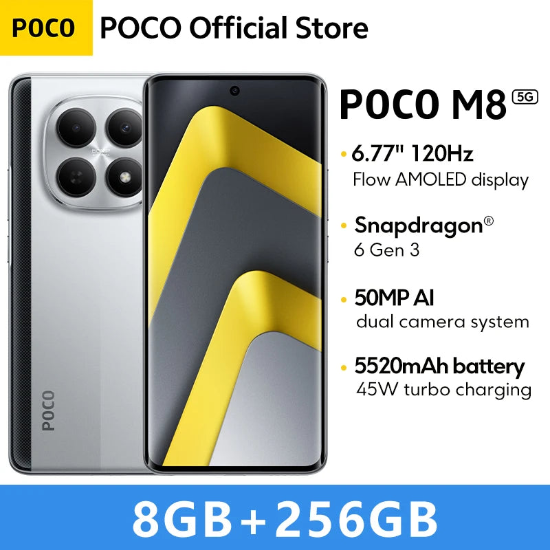 POCO M8 5G Global Version Smartphone 256GB 512GB Snapdragon® 6 Gen 3 NFC 6.77" 120Hz Display 50MP Main Camera 45W Charging