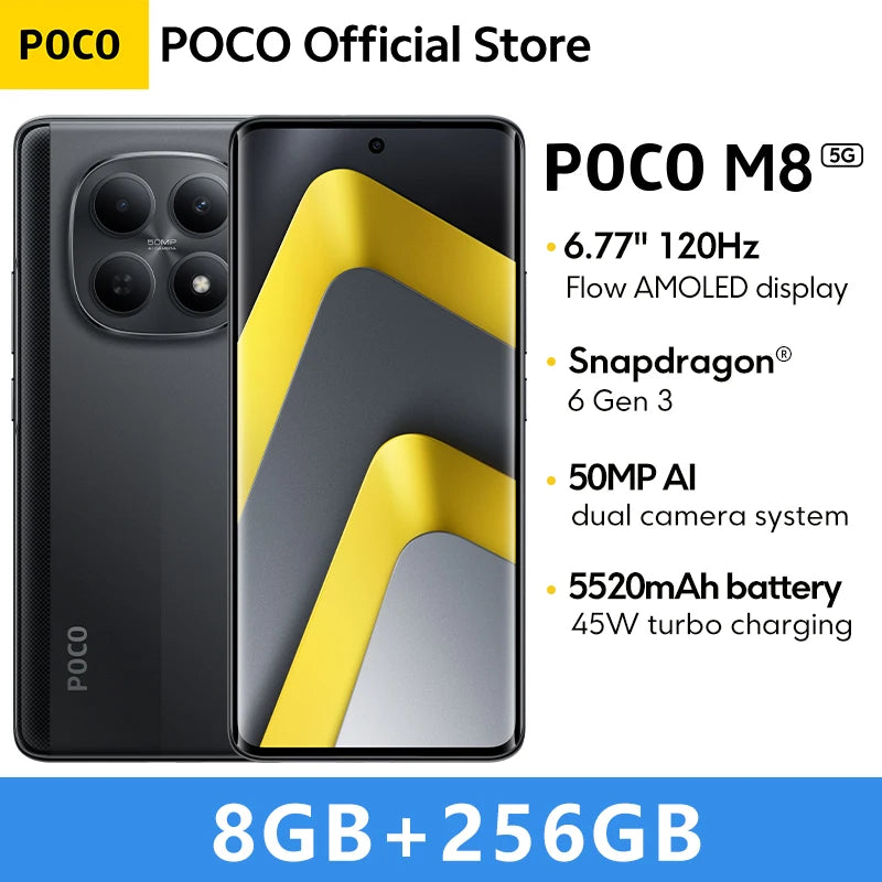 POCO M8 5G Global Version Smartphone 256GB 512GB Snapdragon® 6 Gen 3 NFC 6.77" 120Hz Display 50MP Main Camera 45W Charging
