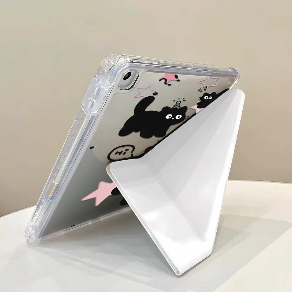 Y-Fold Edge High Clarity Tablet Case for Apple iPad Pro 11 2021/2022 Mini 6 8.3 Inches with Pencil Holder Pink Star Black Cats
