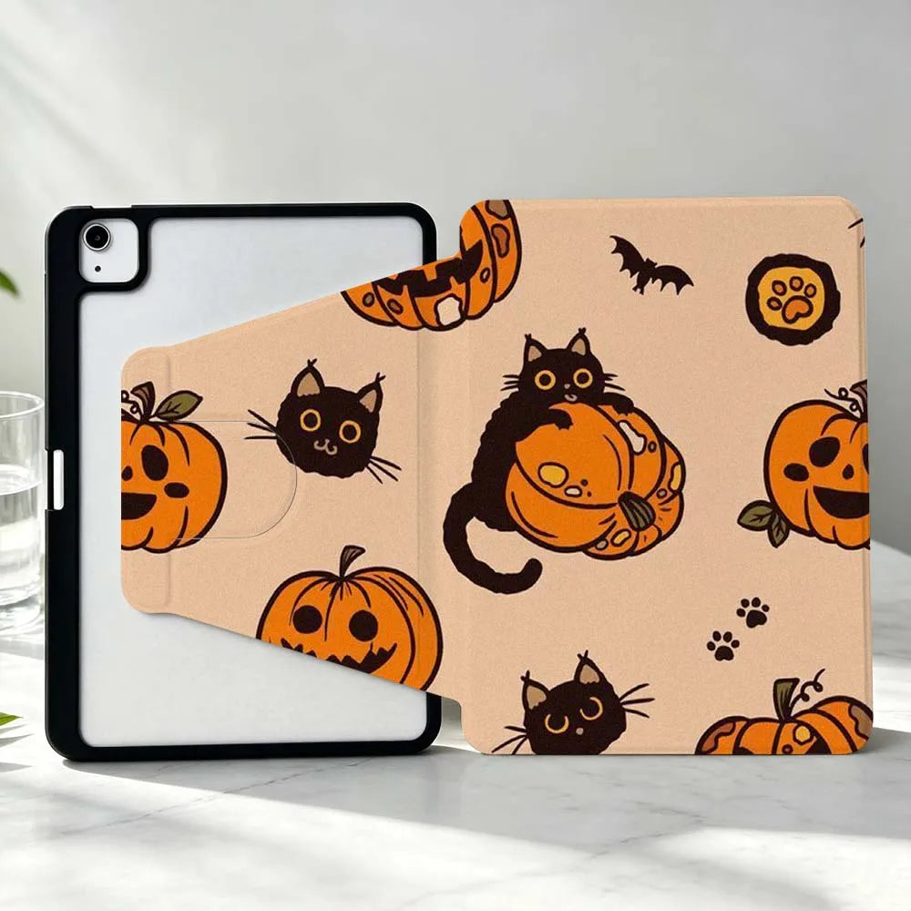 Halloween Cat For iPad Pro Air mini 6 5 4 12th M5 M4 M3 M2 A16 A17Pro 360° Rotation Stylus Storage Tablet Case Soft