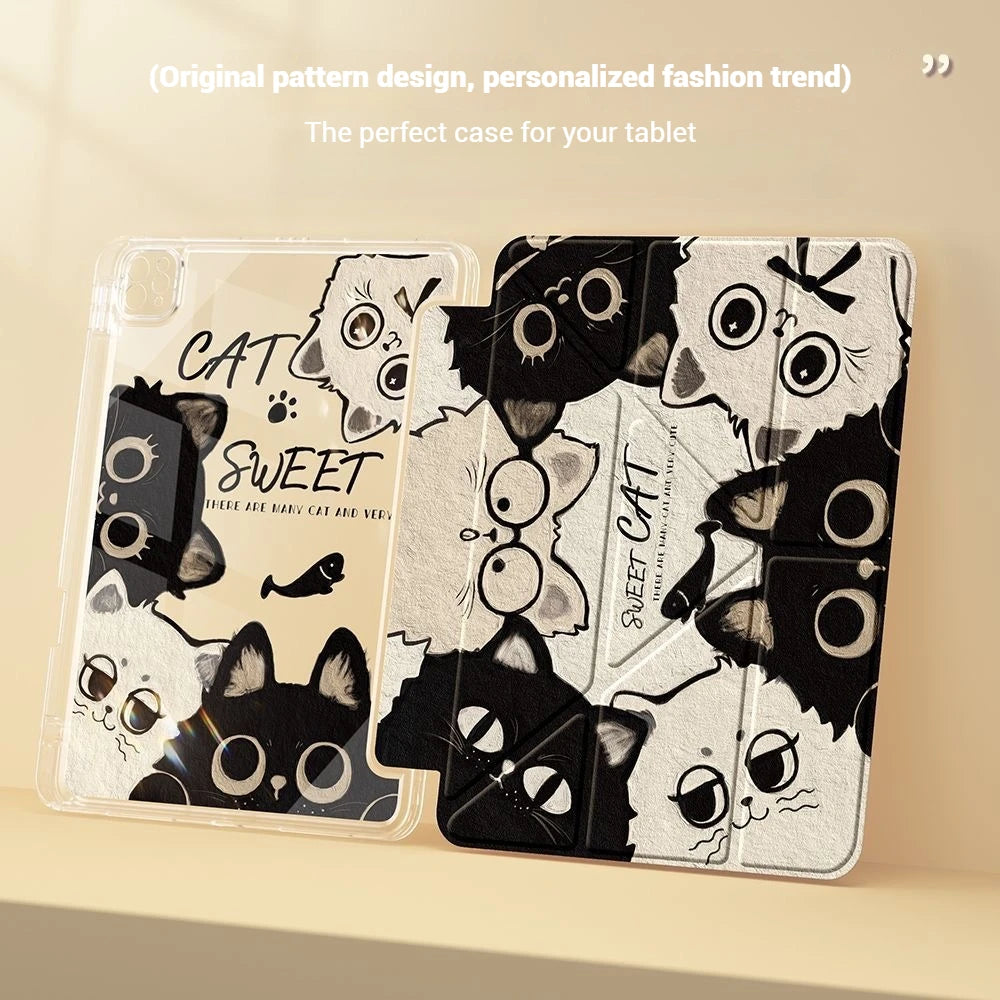 Y-Fold Edge High Clarity Tablet Case for Apple iPad Pro 11 2021/2022 Mini 6 8.3 Inches with Pencil Holder Pink Star Black Cats