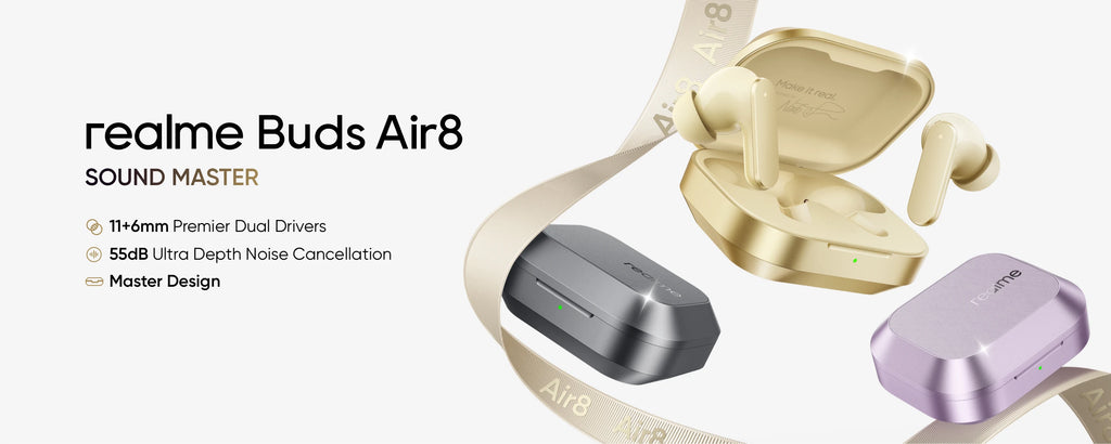 realme Buds Air8 TWS Earphone 11+6mm Premier Dual Drivers 55dB Noise Cancellation Up to 58 Hours of Playback IP55 Bluetooth 5.4