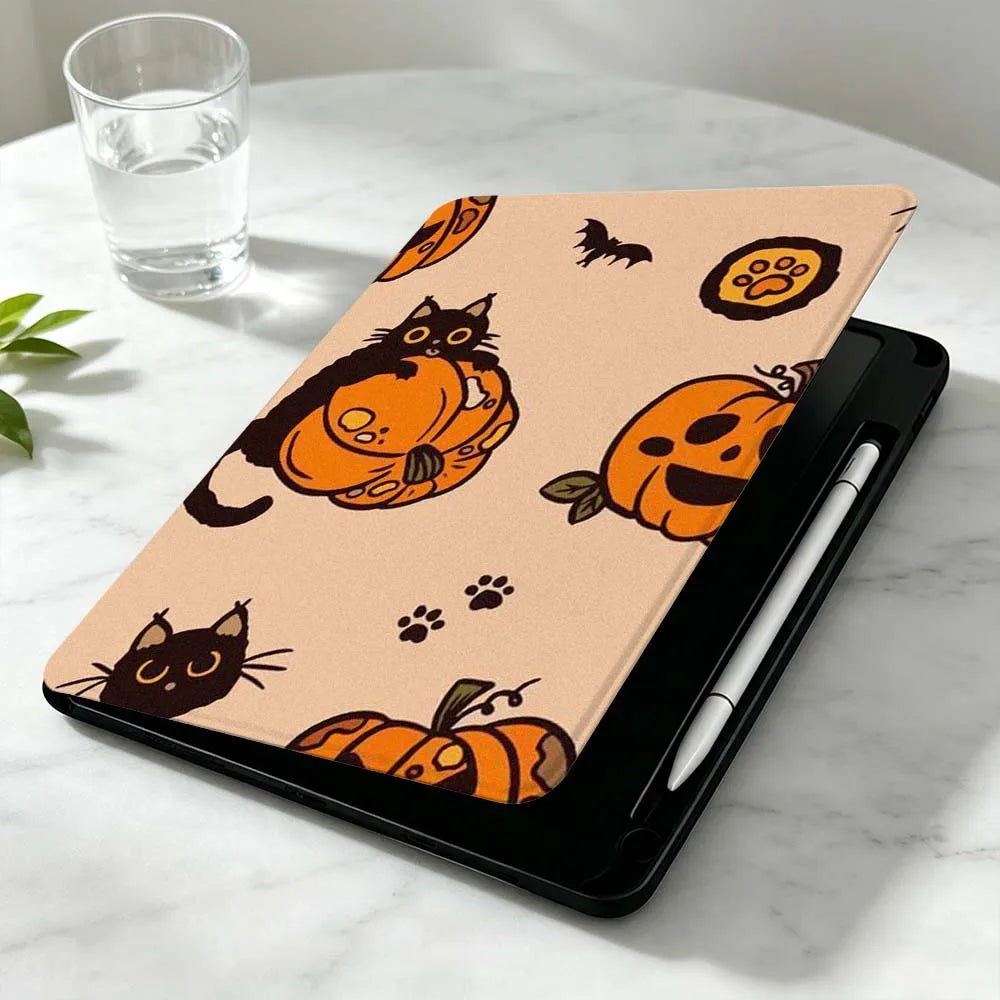 Halloween Cat For iPad Pro Air mini 6 5 4 12th M5 M4 M3 M2 A16 A17Pro 360° Rotation Stylus Storage Tablet Case Soft
