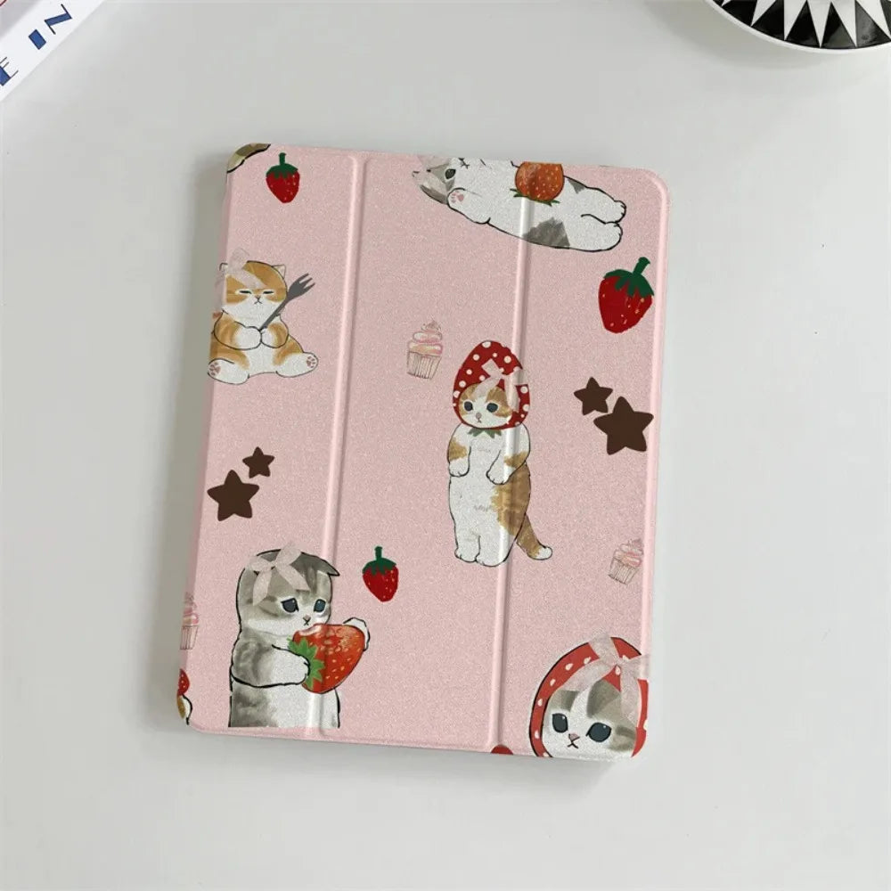 Kawaii Strawberry Cat pattern tri-fold Tablet CASE For iPad pro 10/11/2020/6th/7th /8th /Air 3rd/Air 4th/9th gen/Air 5th Gen 202