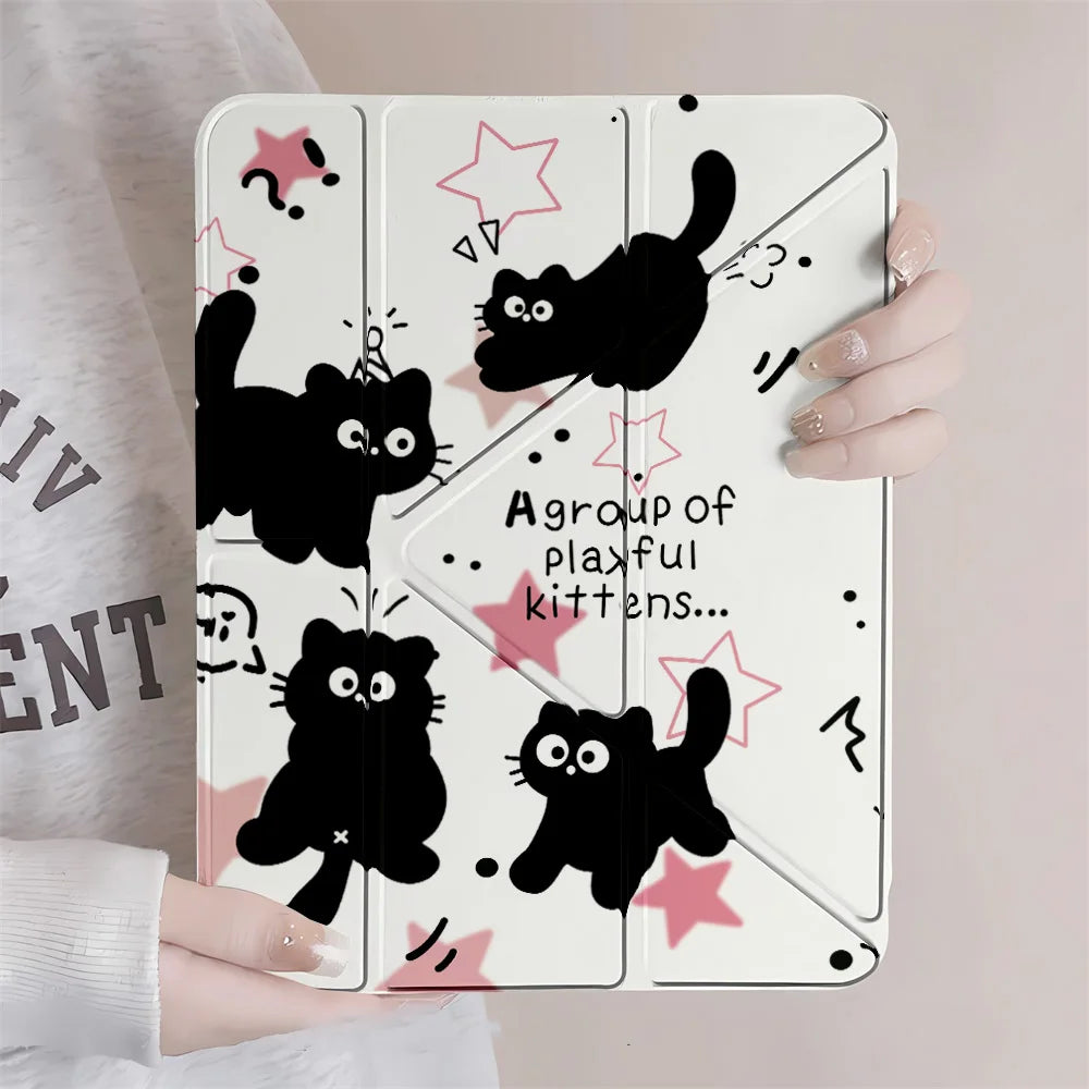 Y-Fold Edge High Clarity Tablet Case for Apple iPad Pro 11 2021/2022 Mini 6 8.3 Inches with Pencil Holder Pink Star Black Cats