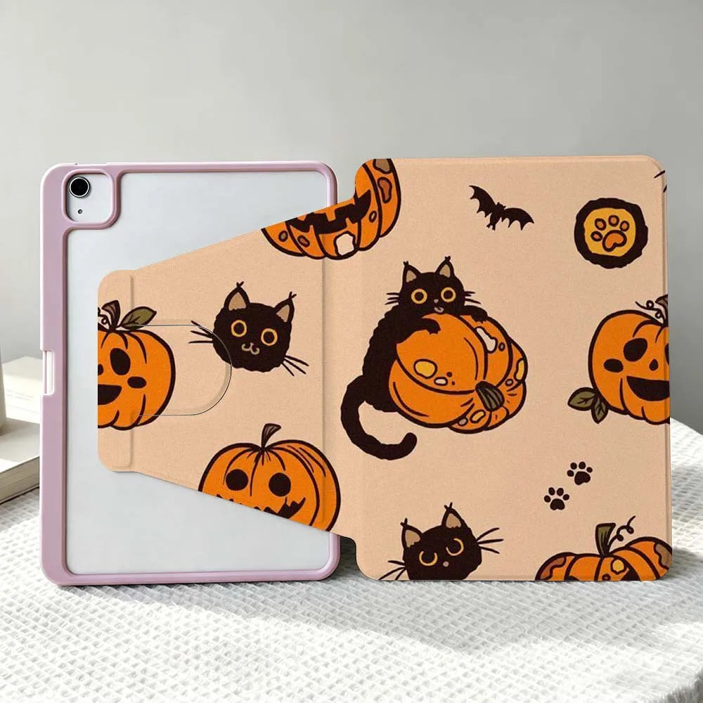Halloween Cat For iPad Pro Air mini 6 5 4 12th M5 M4 M3 M2 A16 A17Pro 360° Rotation Stylus Storage Tablet Case Soft